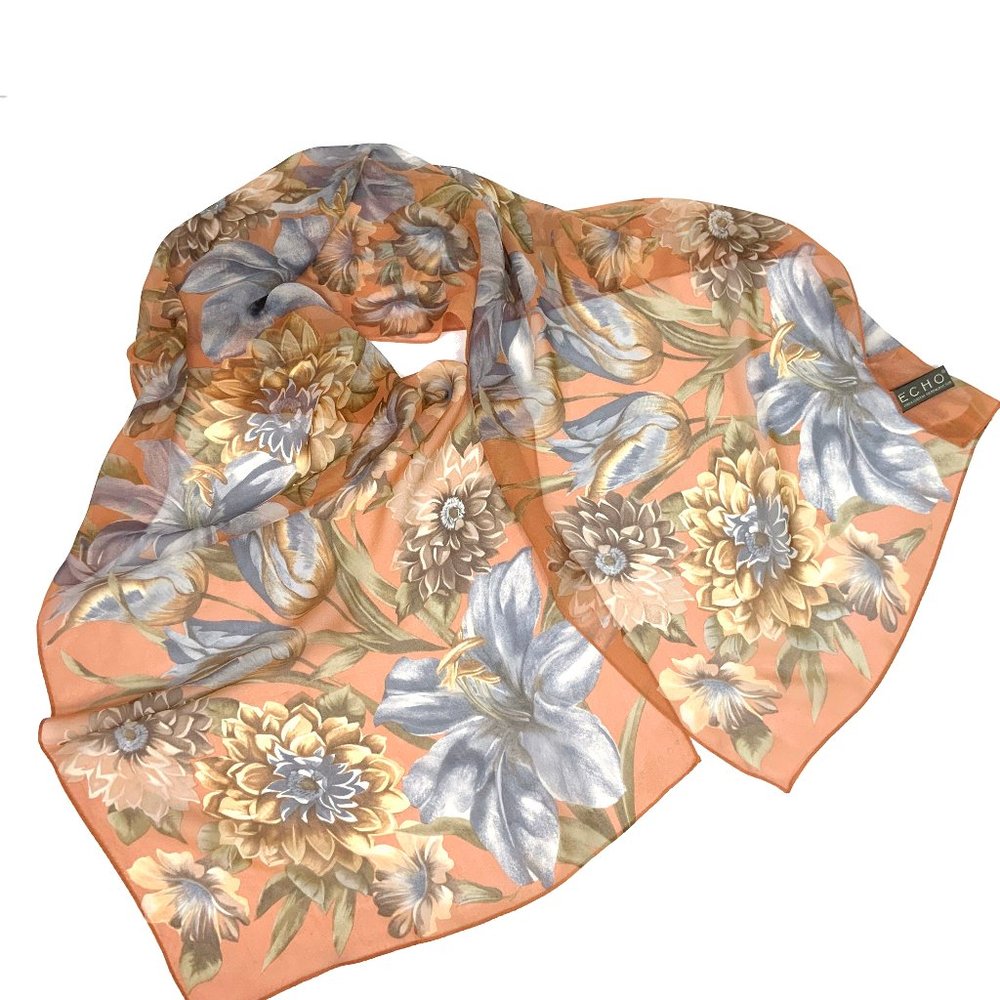 ECHO Silk Chiffon Floral Oblong Scarf Fall Colors - Picture 2 of 16